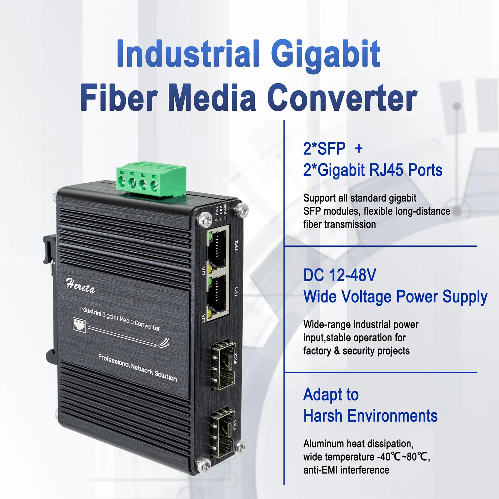 Mini Industrial 2 SFP Fiber 2‑Port Gigabit PoE+ Switch 30W/90W PoE Ethernet Switch with 12‑48VDC Wide Voltage Power Booster
