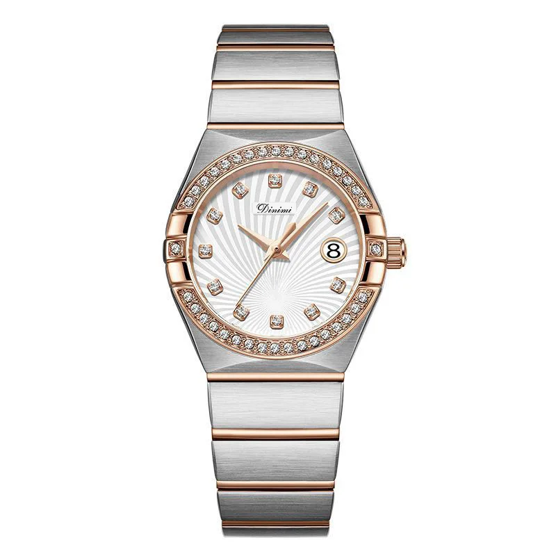 ساعة يد نسائية جديدة أنيقة بمينا دائري وتقويم كاجوال وحزام من الفولاذ المقاوم للصدأ وساعة كوارتز وإكسسوارات اختيار راقي