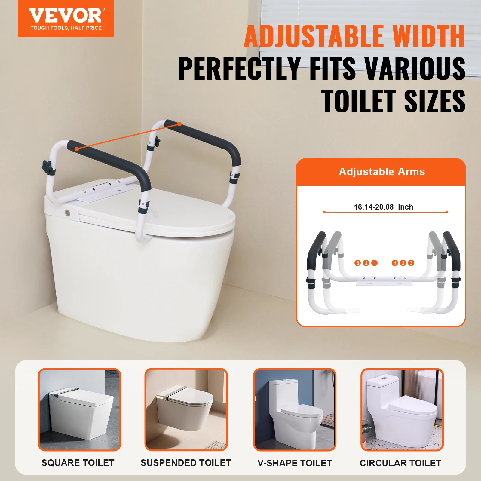 VEVOR Toiletten Aufstehhilfe Toilettensitzerhöhung Armlehne 410–510 mm Einstellbare Breite, 136 kg Tragfähigkeit Robust WC Aufstehhilfe Toiletten Haltegriffe Toilettensitzerhöhung WC Haltegriff