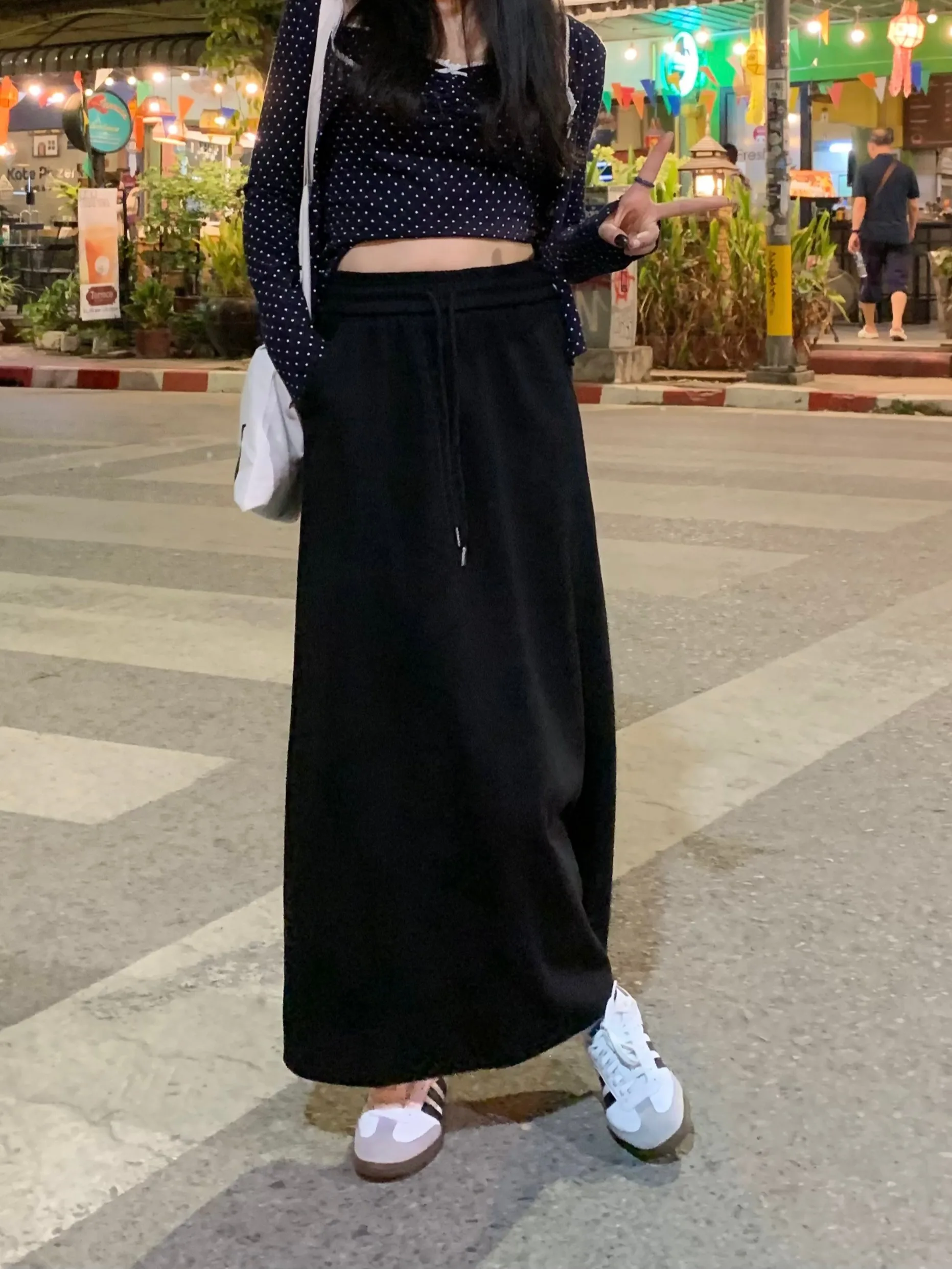 カジュアルハイウエストグレースウェットスカートロングストレートカットレディーススカート春夏ロングスポーツスカート韓国風ポリエステル繊維