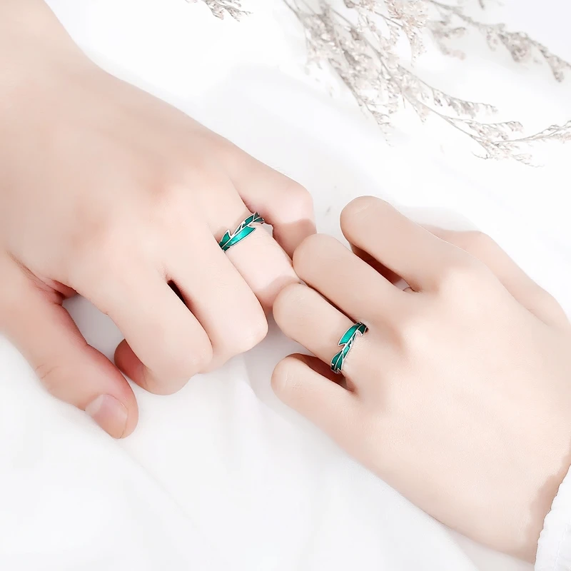 Sole Memory Rainforest Plantain Leaves Green Cool Sweet Romantic Silver Color Female Resizable Opening Rings SRI414