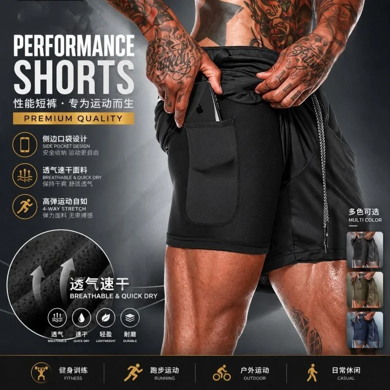 Men's Running Shorts Quick-drying Fitness Black Double Layer Shorts Mens New Sport Workout Training Bodybuilding Short Pants ﻿