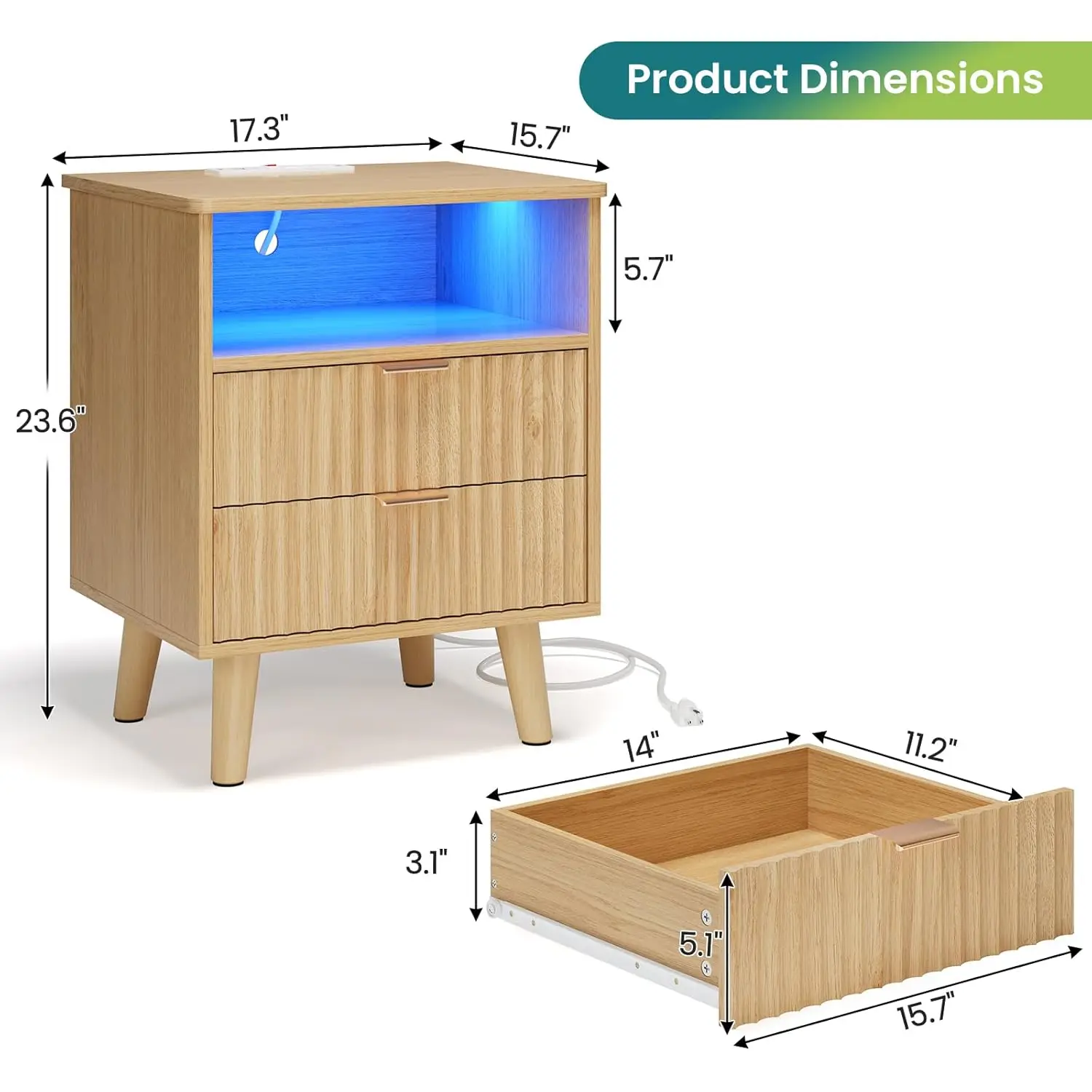 Fluted Nightstand Set Of 2 With Charging Station, LED Nightstand With 2 Drawers And Open Storage Cubby, Modern, Customized