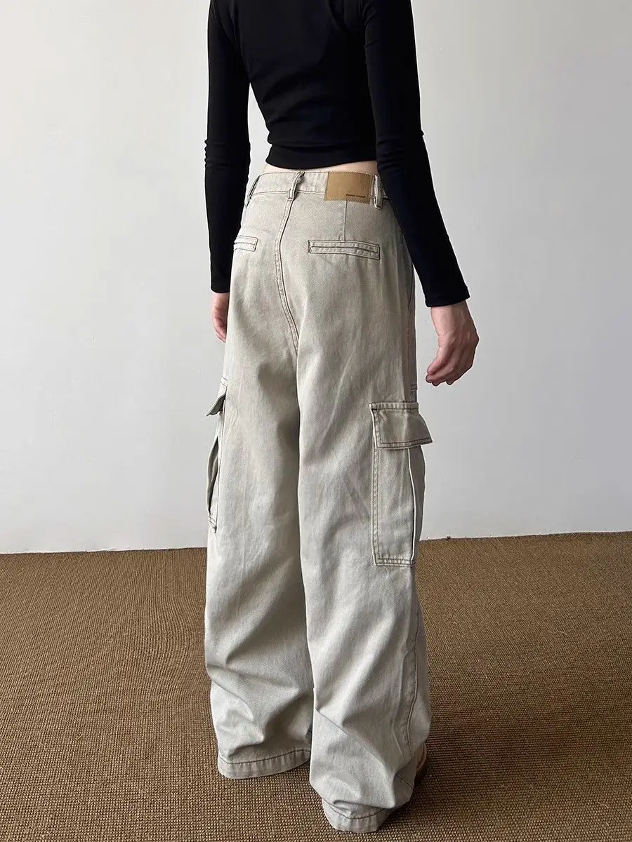 Dames Grijze Pocket Cargo Baggy Jeans Y2K Japanse Harajuku Mode Hoge Taille 2000s Losse Wijde Pijpen Retro Broek Jeans Kleding