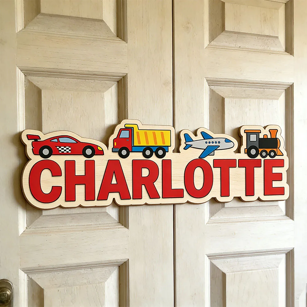 Little Traveler Themed Personalized Name Sign, Neutral 3D Wooden Nursery Decor with Car, Train & Plane, Custom Kids Room Door Pl