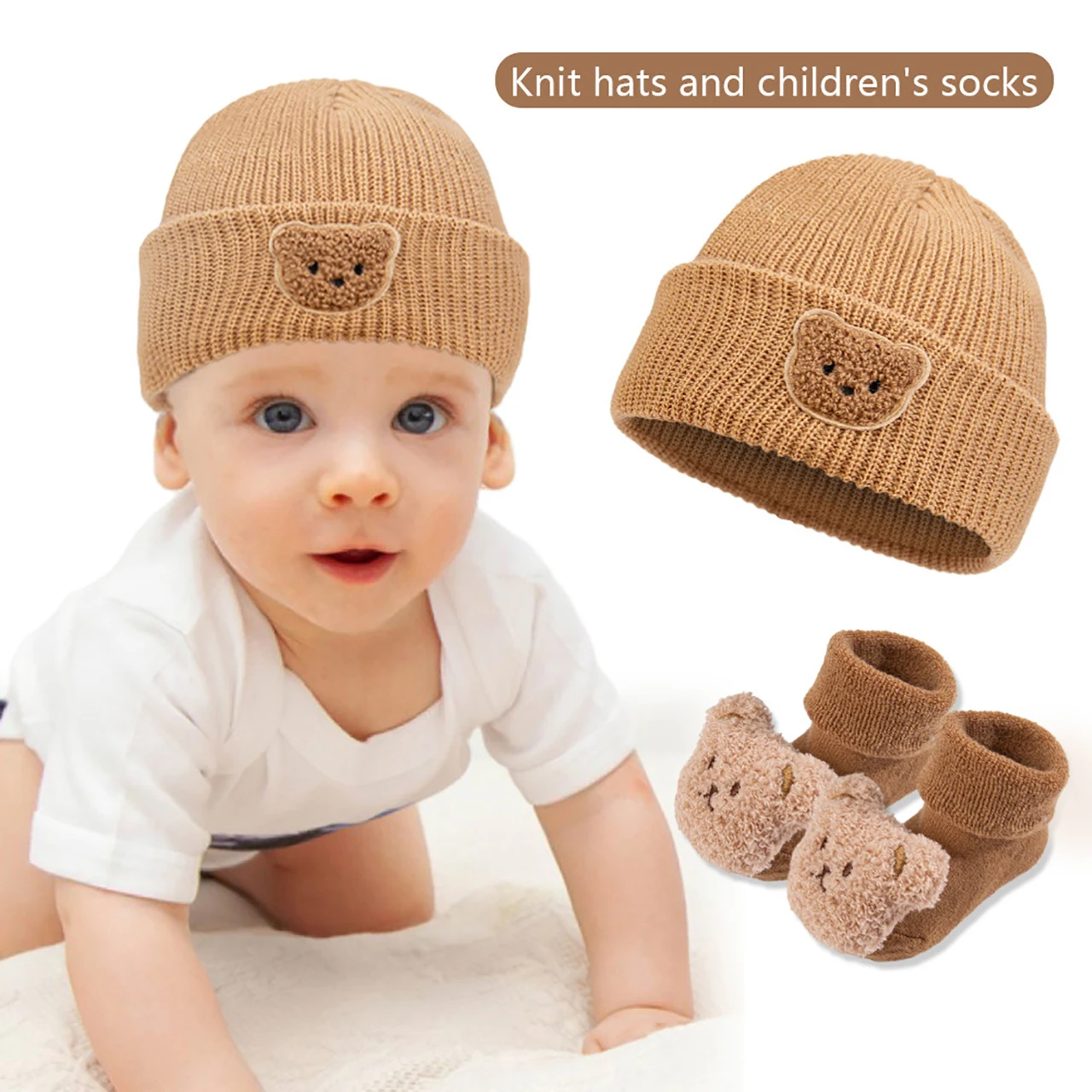 

Bear Socks Newborn Hat Set Cute Cartoon Baby Floor Sock 0-3Year Boy Girl Toddler Ear Protection Cap Winter Warm Kids Knit Beanie