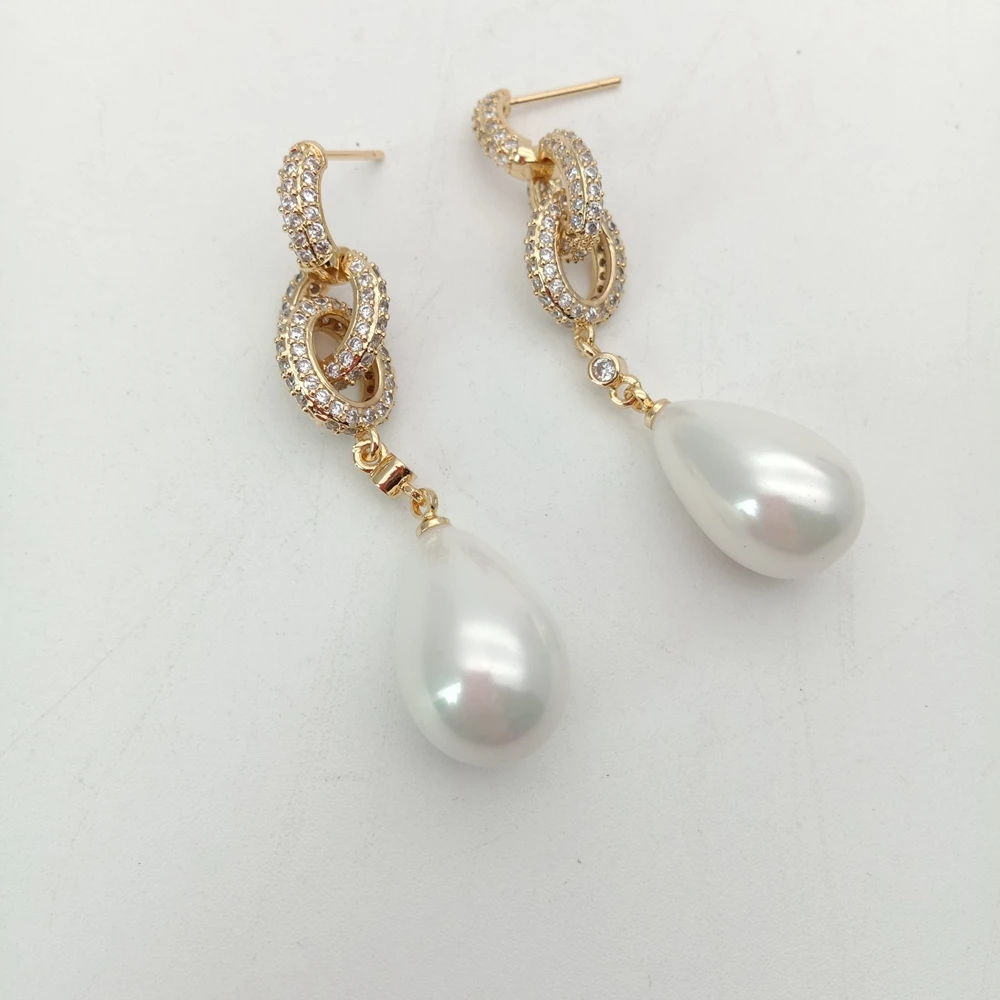 Y·YING Teardrop White Sea Shell Pearl Cz Pave Post Dangle Earrings
