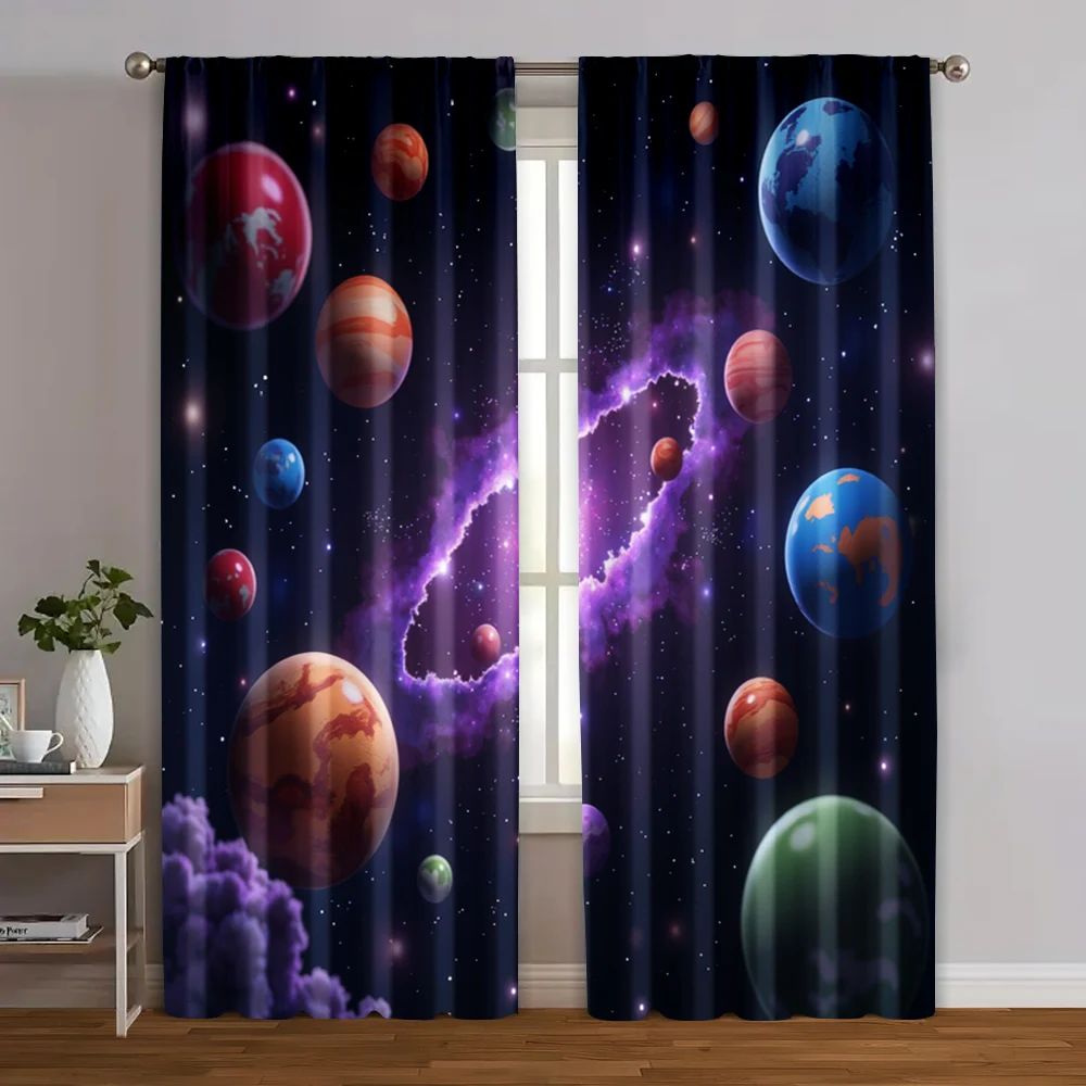 2pcs, Curtains Roller Blinds Galaxy Planet Machine Washable (without rod) Art Deco Festive for Living Room, Bedroom & Home