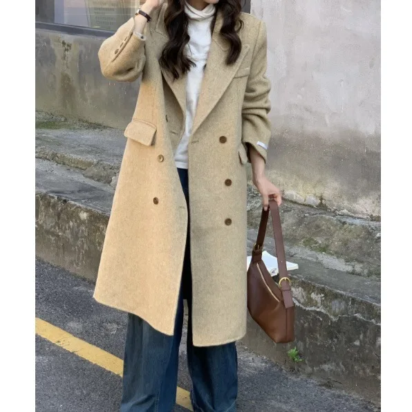 

Двустороннее пальто-бомеры, женское осенне-зимнее новое длинное шерстяное пальто длиной до колена с воротником в клетку, двойной пуговицей