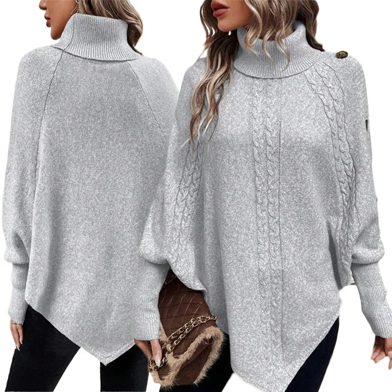 

"2025 Women's High Neck Batwing Sweater - Button Detail Cable Knit Pullover Oversized Loose Fit Winter Warm Top"