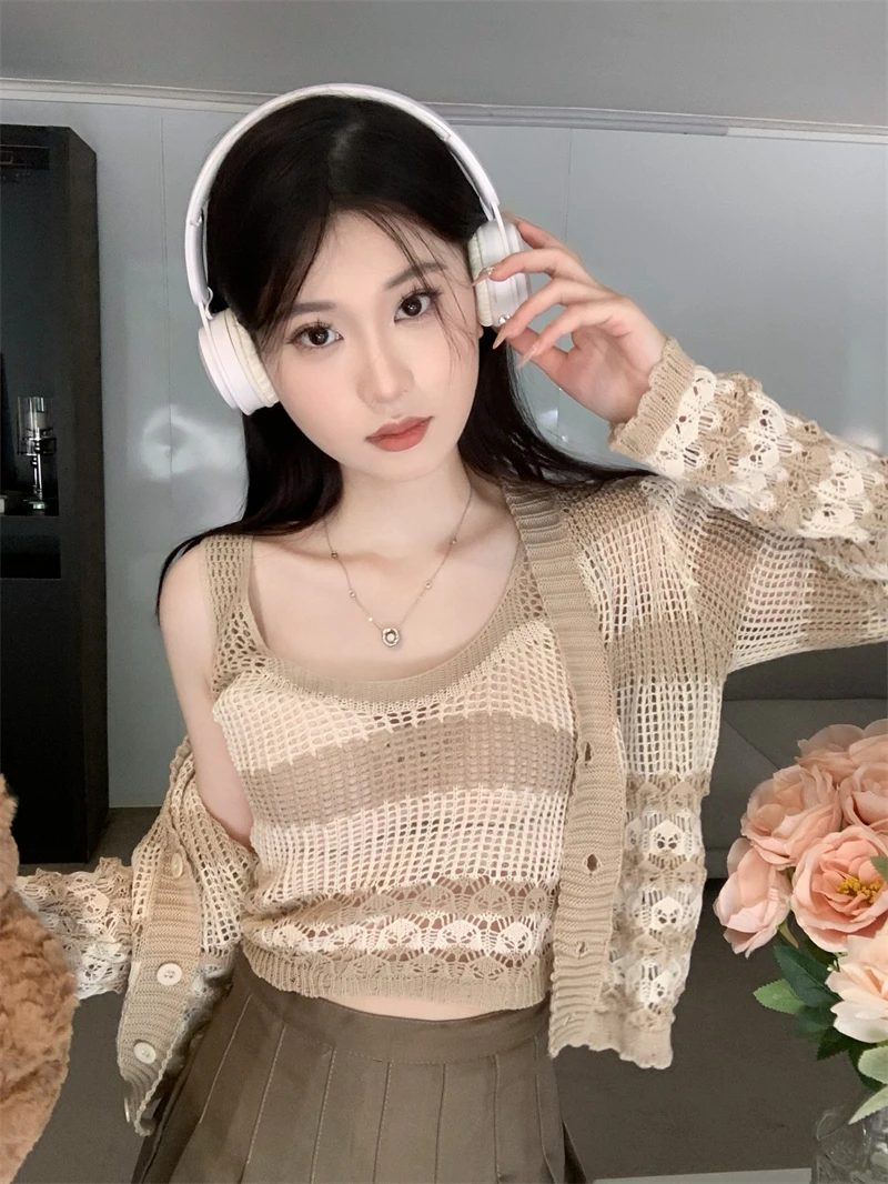 Korean Style Breathable Cardigan Knit+Tank Top Two-piece Set for Female Students Preppy Style Striped Clothes Set Woman Sweaters