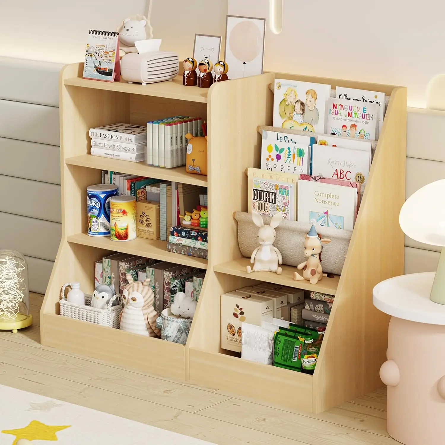 

39" Large Kids Wooden Bookshelf and Toy Storage Organizer, Baby Bookcase with Sling Book Rack,Children Toddler Wooden Book Shelf