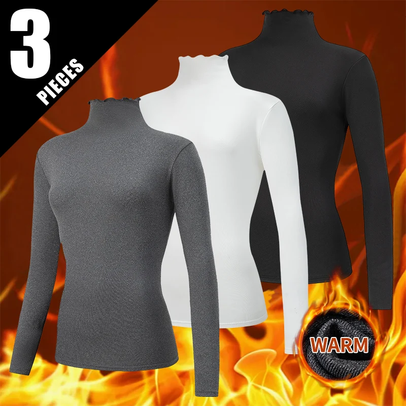3-piece Women's Autumn And Winter Lace High Neck Solid Color Warm Base Shirt Comfortable Plus Size Youth Casual Sports T-shirt