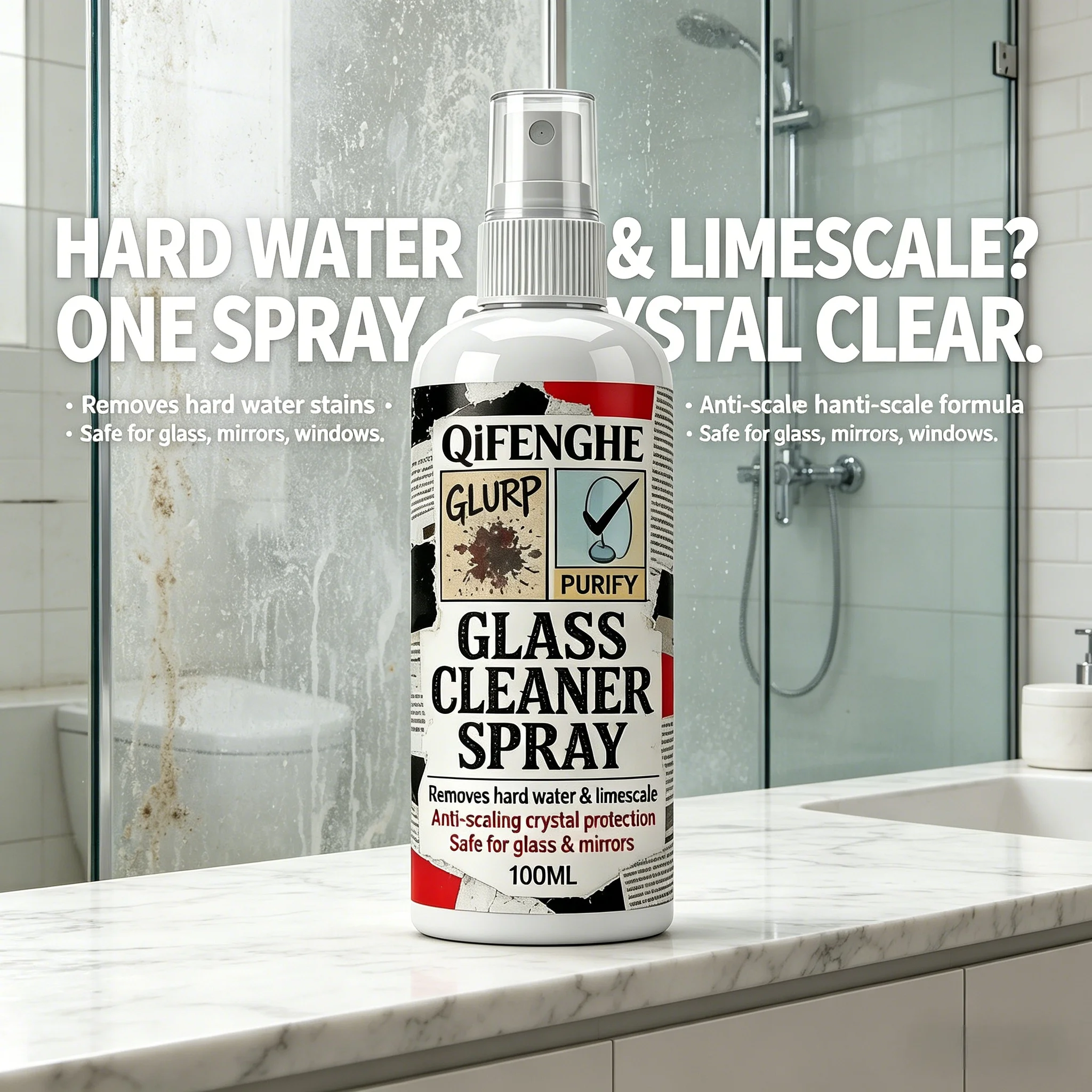 QiFENGHE Hard Water Stain Remover Spray, 100ml Glass Cleaner, Prevents Limescale Buildup, for Shower Glass Windows Mirrors