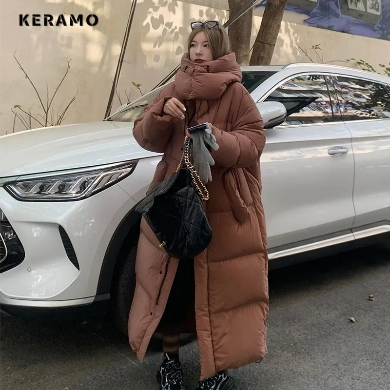 2024 Winter Women Casual Long Sleeve Outerwear Solid Color Hooded Maxi X-Long Parkas Jacket Oversized Single Breasted Warm Coat