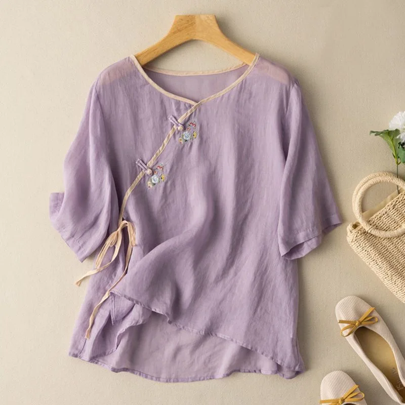 Chinese Tang Suit Women Cotton Linen Half Sleeve Embroidery Button Loose Blouse Summer Plus Size Shanghai Hanfu Tops CN-349