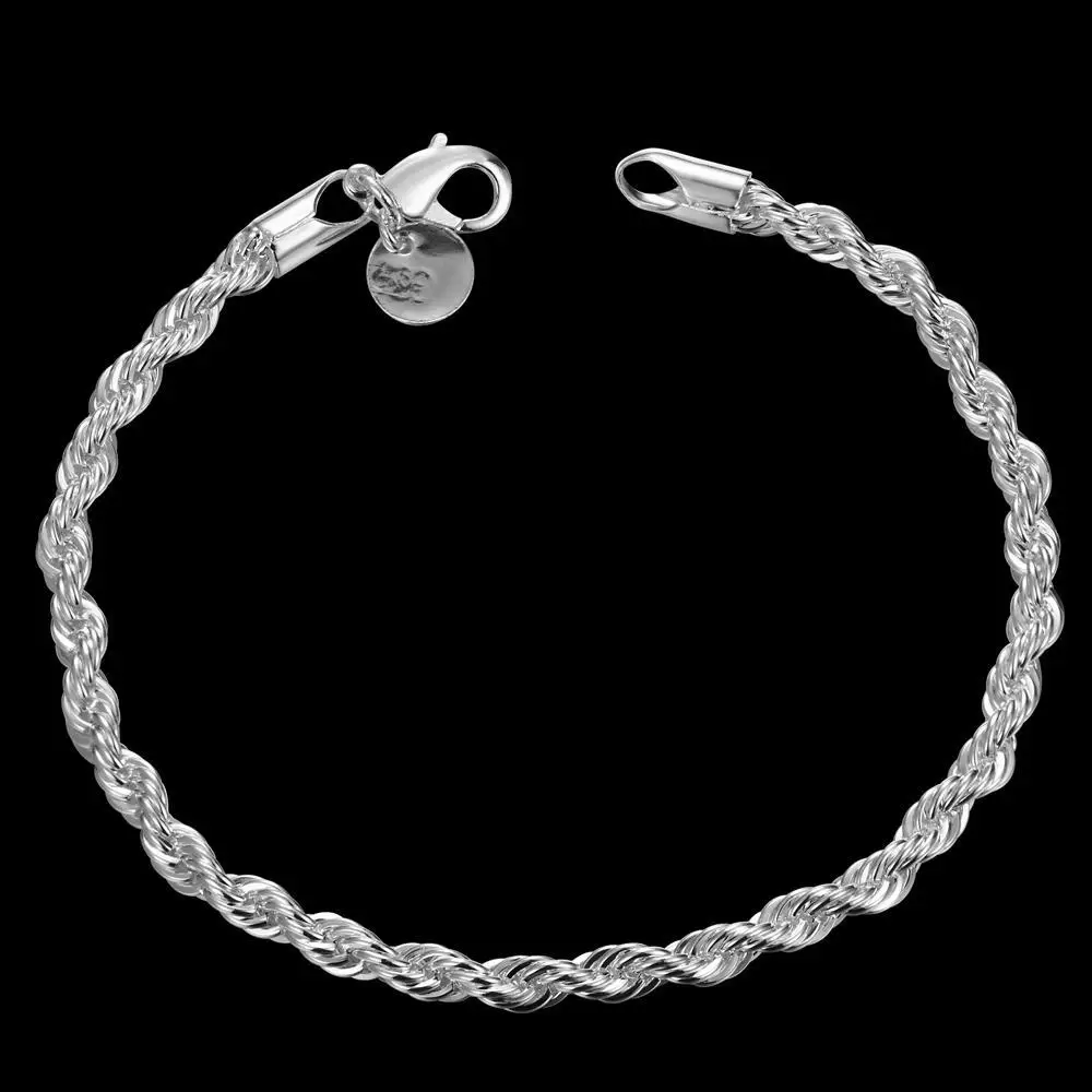 Pulsera de plata de ley 925 para hombre y mujer, cadena de cuerda trenzada de 4MM, joyería clásica a la moda, regalo de fiesta de boda y vacaciones