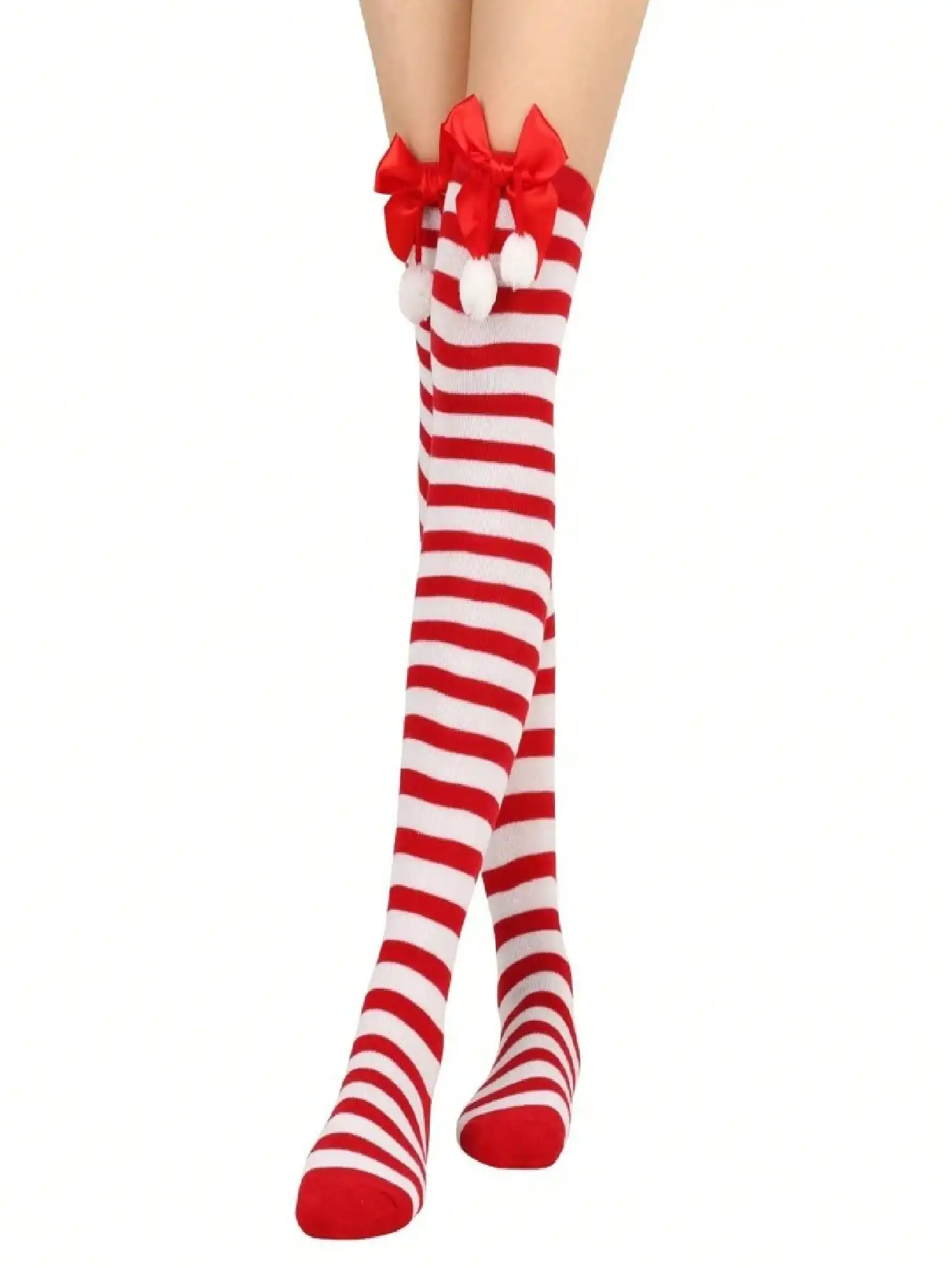 

1 пара женских носков для косплея: рождественские чулки до колена и полосатые до бедра