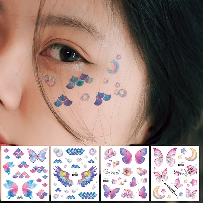 Purple Fairy Butterfly Tattoo Stickers Waterproof Eyes Face Stickers Glitters Body Art Fake Tattoos Dance Music Festival Make Up