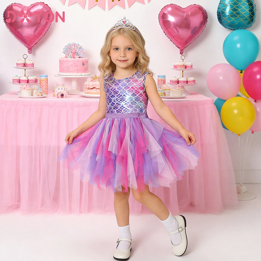 DXTON Summer Princess Sleeveless Dress Children Birthday Party Clothing Irregular Layer Prom Girls Dresses Kids Tulle Costumes