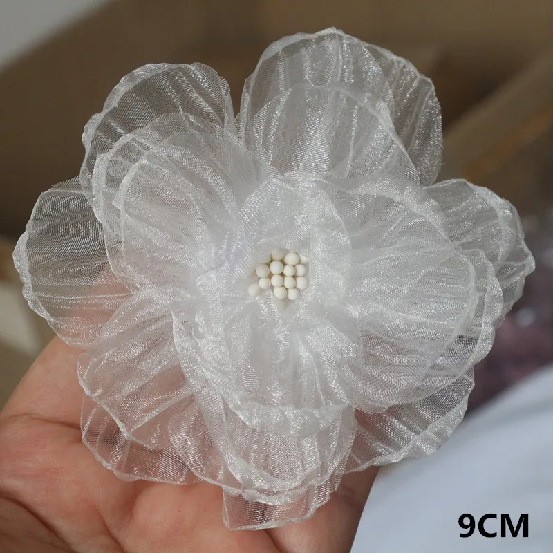 10PCS/Lot White Series Camellia Rose Chiffon Fabric Artificial Flower Head For Wedding Dress Clothing Decoration Headdress