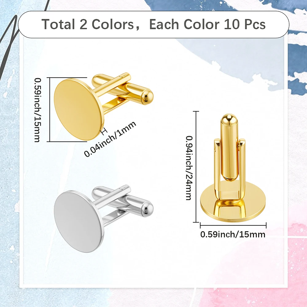 1 Box 20Pcs 15mm Silver and Gold Cufflinks Button Cufflinks Bulk Alloy Brass Round Tray Flat Blank Business Suits Studs Settings