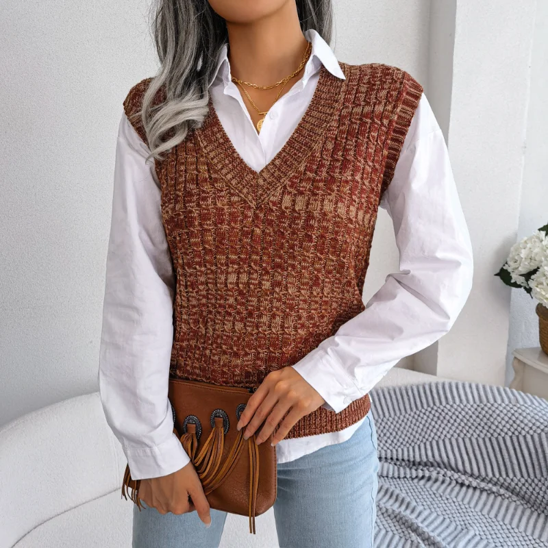Autumn and Winter 2023 New Colorful Fried Dough Twists V-neck England Style Comfortable Knitted Vest Versatile Thin Female Vest