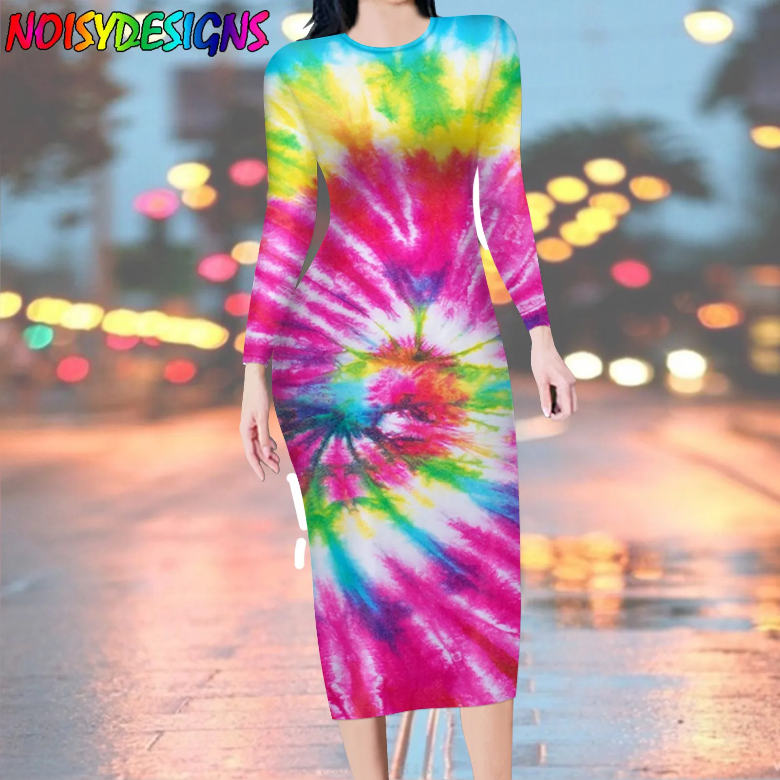 NOISYDESIGNS Fashion Style Women Long Sleeves Dress Tie dye Pattern Printing Female Casual Pencil Dresses for Women 2024