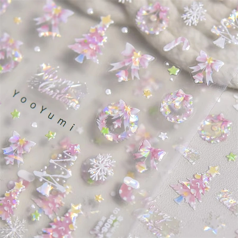 PinkSnowflake Christmas Tree Nail Art Stickers Cute Snowflake Stars Self-Adhesive Nail Art Stickers 5D Embossed Nail Art Sticker