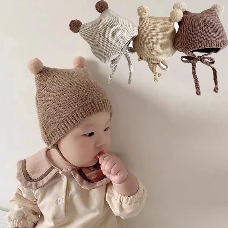 

2-24 Months Baby Ear Protection Hat Winter Warm Toddler Knitted Hat Infant Woolen Crochet Bonnet Double Ball Kids Beanie