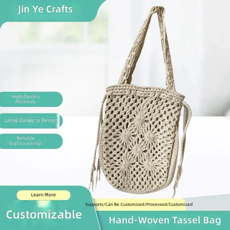 for Hand-woven Tassel Bag Cotton Thread Shoelace Rope Woven Japanese Portable Underarm Bag Simple Hollow Drawstring Shoulder
