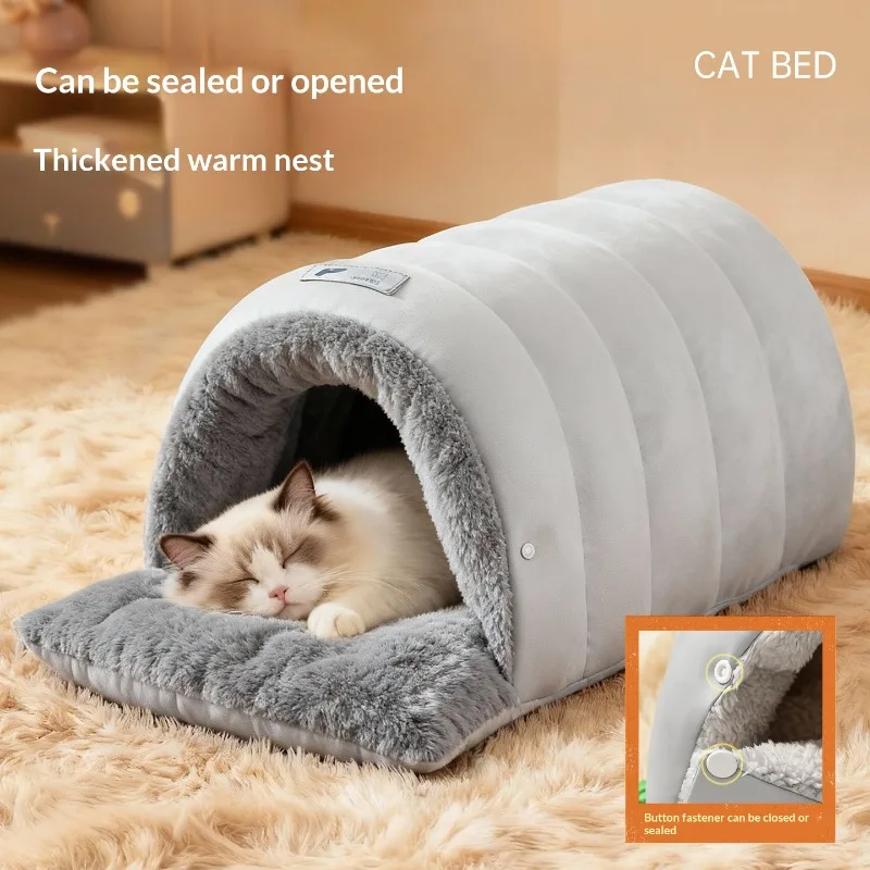 Semi enclosed leather sleeping bag Washable Cat House Waterproof Bottom Winter Warm Cat Cave Bed Fleece Removable Pad Non-Slip