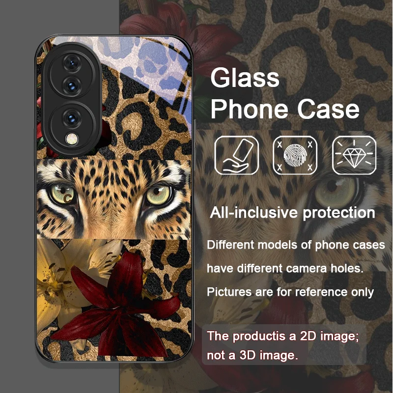 Casing Handphone Kaca Temper Motif Leopard Strawberry Bow untuk Huawei Honor 200 Lite 100 300 Pro 90 GT X8 4G X9 Magic 7 6 5Pro