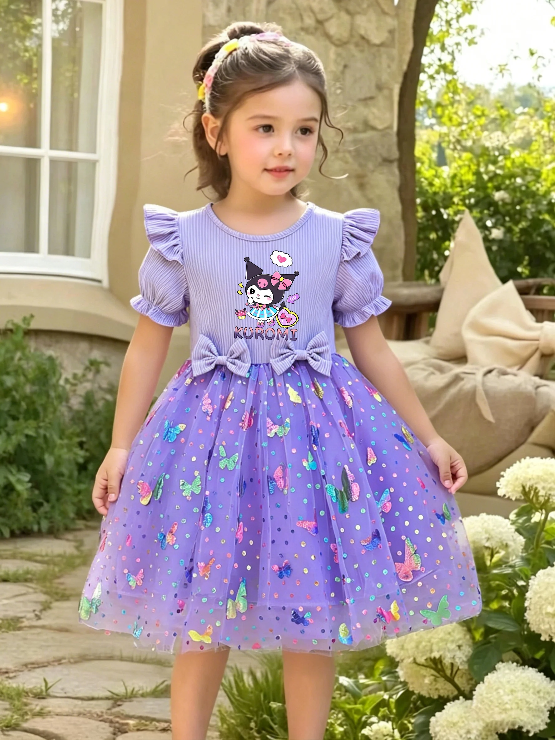 Kuromi Princess Dress for Girls, Purple Butterfly Sequin Tulle Tutu Dress, Kids Birthday Party Gown