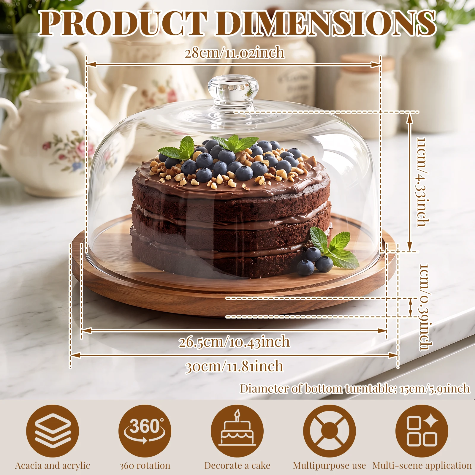 12'' Cake Stand 360° Rotating Cake Plate with Acrylic Cover Multifunctional Bread Dessert Display Stand for Bakery Baking Gadget
