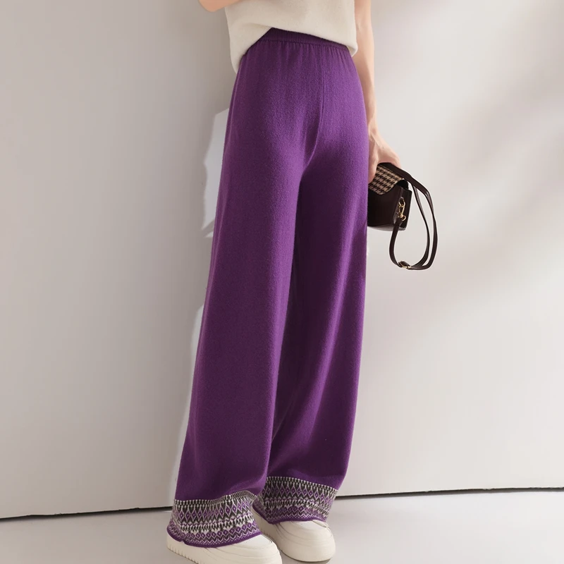 Pantalon en cachemire épais pour femme, jambes larges, décontracté, ample, torsadé, fleur, 100% laine mérinos, tricot populaire, automne et hiver