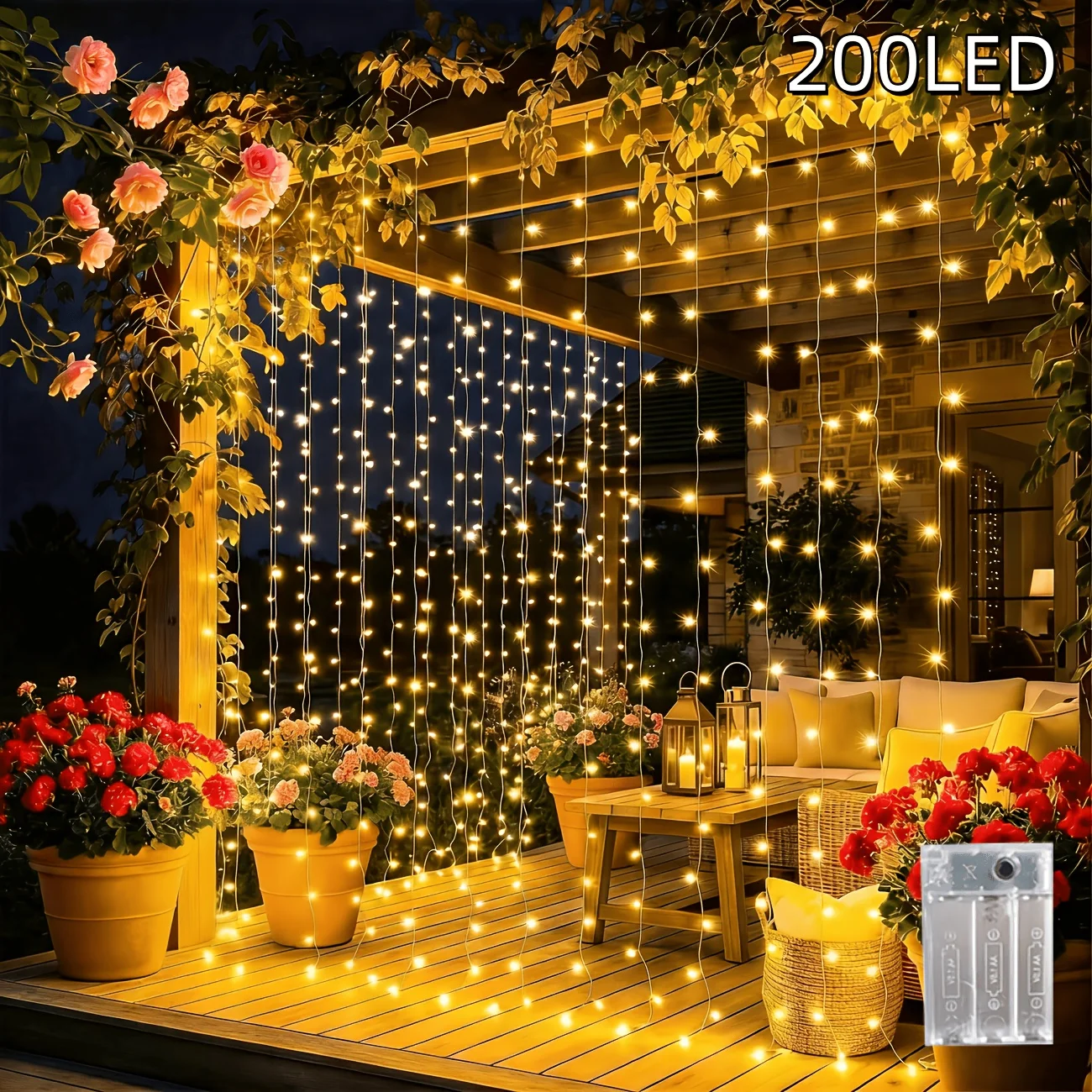 LED Curtain Lights Battery Powered - Waterproof Window String Light for Party Bedroom Porch Decoration
