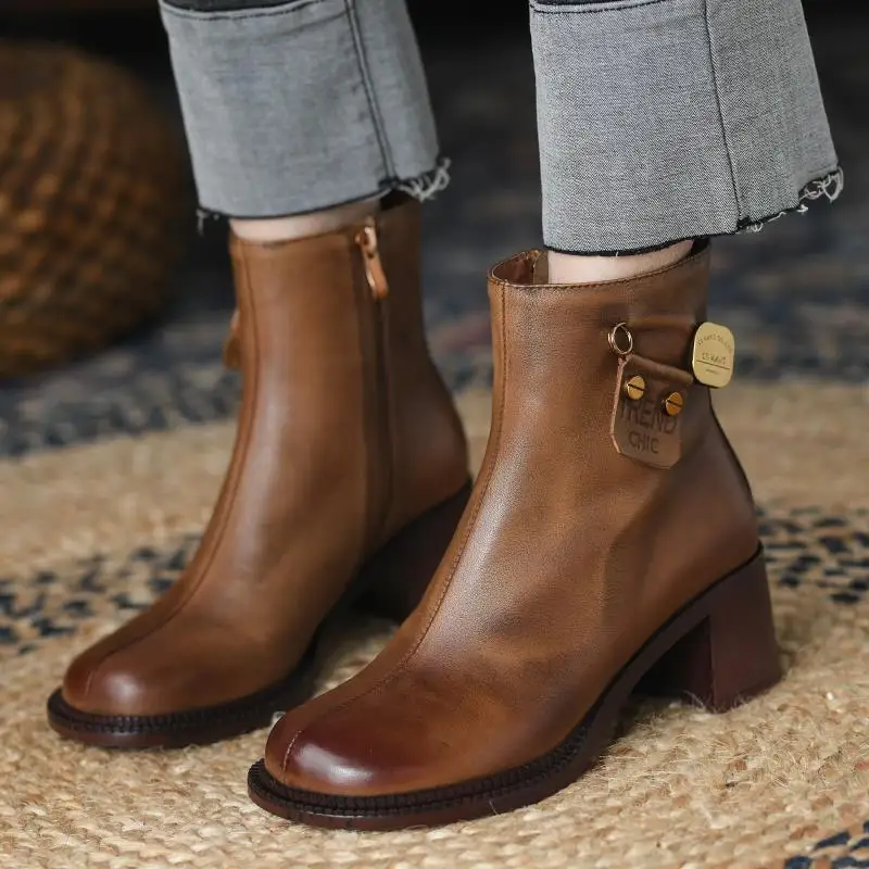 2022 New Autumn Short Boots Womens Retro High-heeled Winter Leather Women's Shoes Thick-heeled Women's Boots Platform Boots