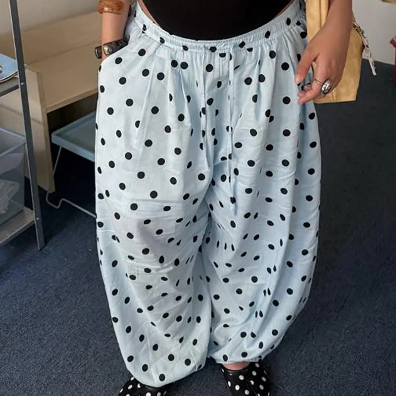 

Женские широкие брюки, легкие эластичные брюки в горошек, свободный крой, повседневные пляжные брюки для отдыха, эстетические прямые брюки