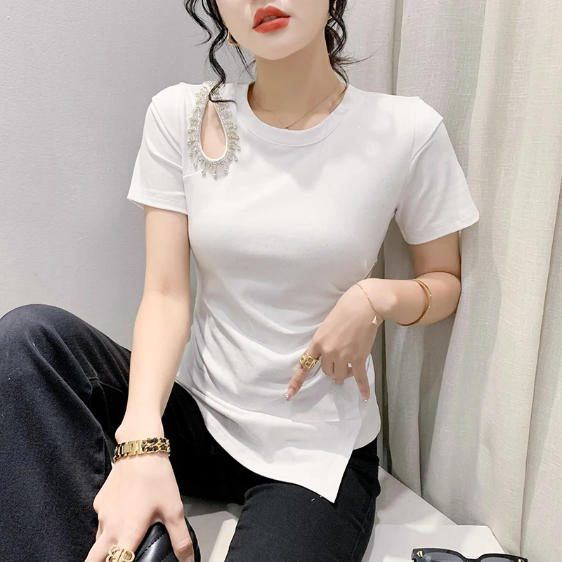 패셔너블한 비대칭 홀로우 아웃 오르트 스페이드 티셔츠 여성 슬림핏 섹시 다이아몬드 장식 탑 한국 스타일 코튼 블렌...