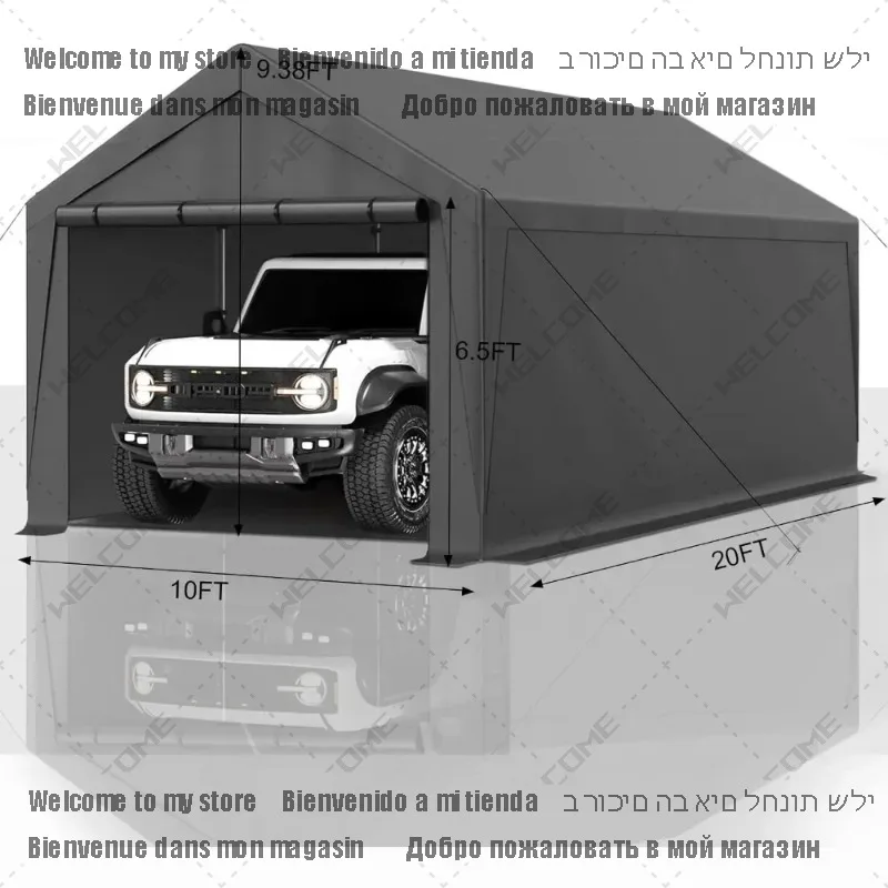 Carport para exteriores, cobertizo de almacenamiento con dosel resistente de 10x20 pies, garaje portátil con paredes laterales y puertas extraíbles