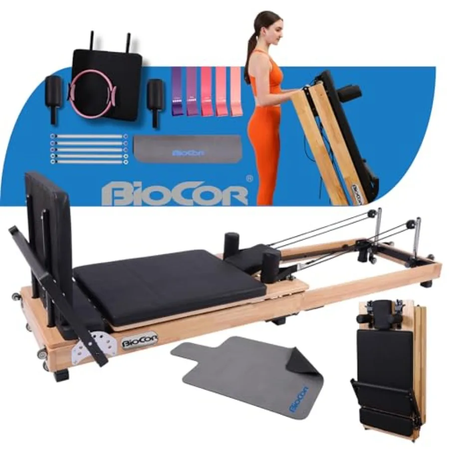 MAX4.0 Pilates Reformer Wood Home Workout Machine with Pilates Ring Yoga Bands Jumpboard High-Resistance Springs Foldable Desig