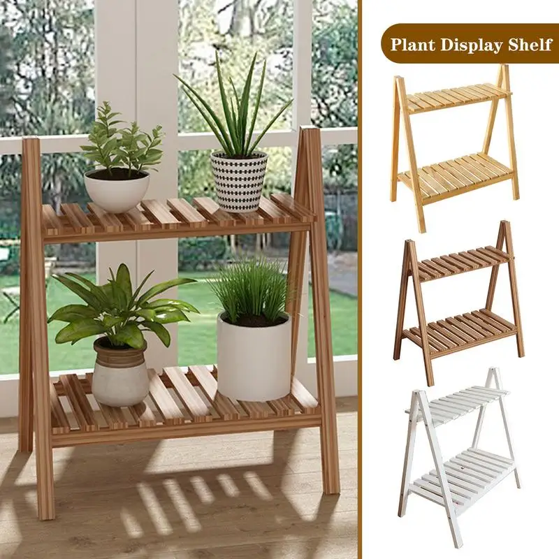 Wooden Plant Stand Floor Type 2 Tier Foldable Flower Pot Display Ladder Shelf Storage Rack Bookcase Succulent Display Planter