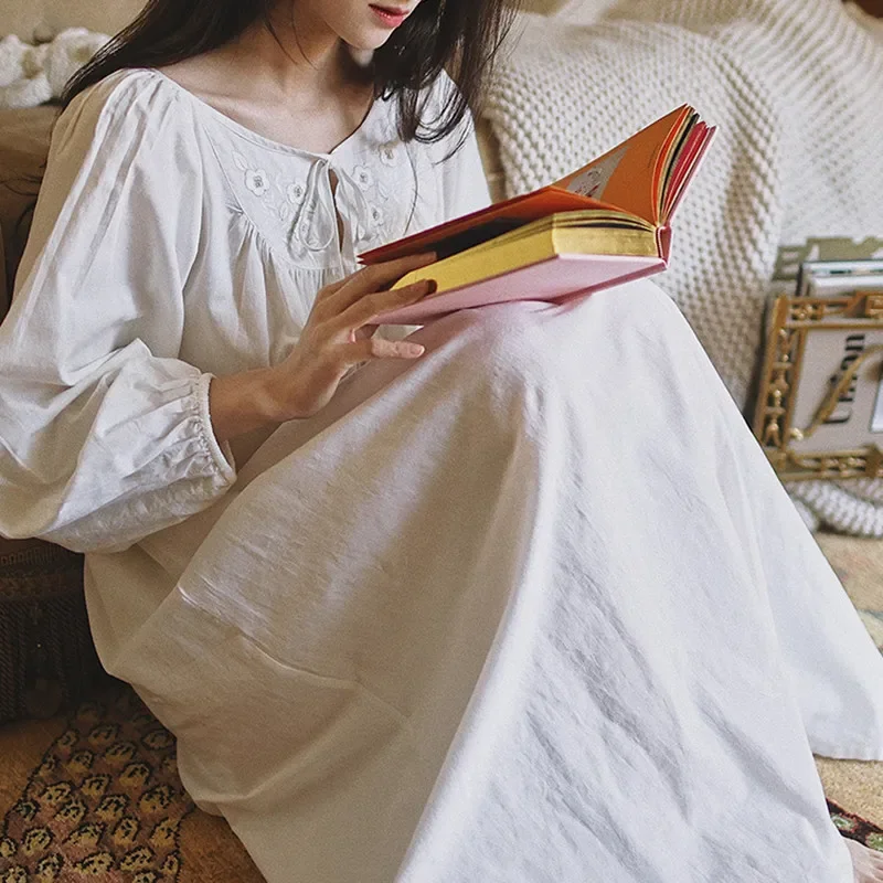Princess 100% Cotton Embroidery Nightgowns Spring Full Sleeves White Loose Nightdress Ankle-Length Vintage Long Nightie Gown New