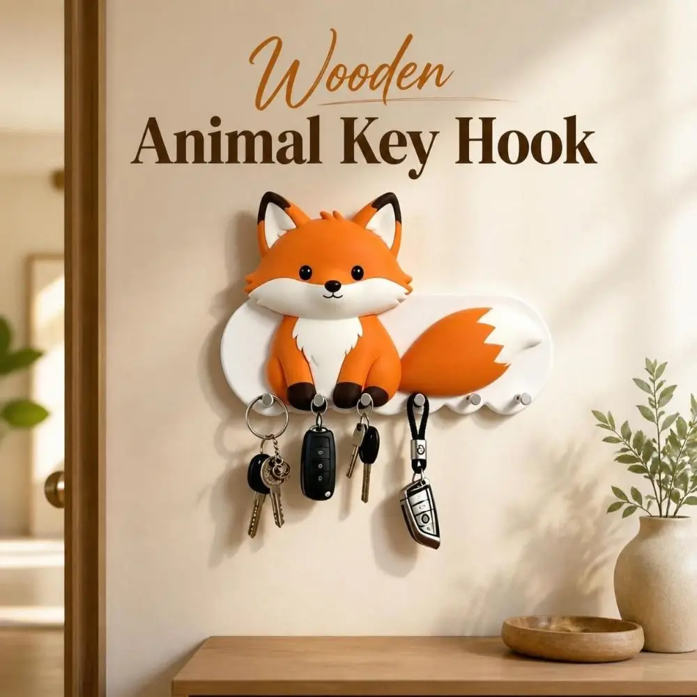 Modern Wooden Animal Key Hook Cartoon Punch-Free Adhesive Key Holder Multi-Hook Practical Wall-mount Hanger Hallway