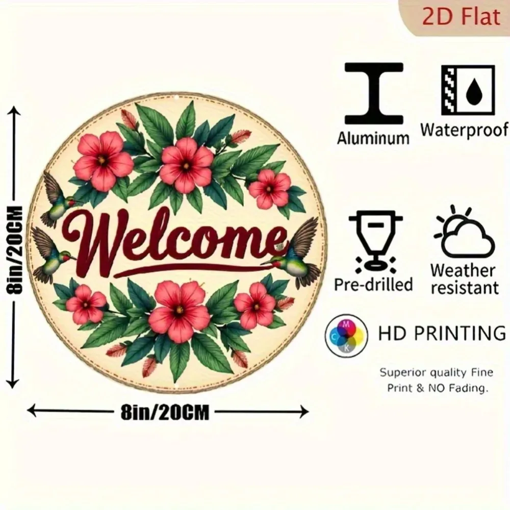Decoração de parede de metal de boas-vindas rústica - Arte em alumínio de beija-flor floral redondo
