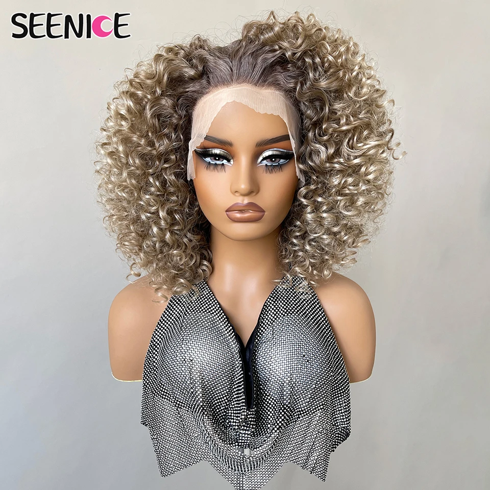 

14Inch Synthetic Lace Front Wigs 13x6 Afro Kinky Curly Wig For Black Women Natural Ombre Brown Blonde Cosplay Highlight Lace Wig