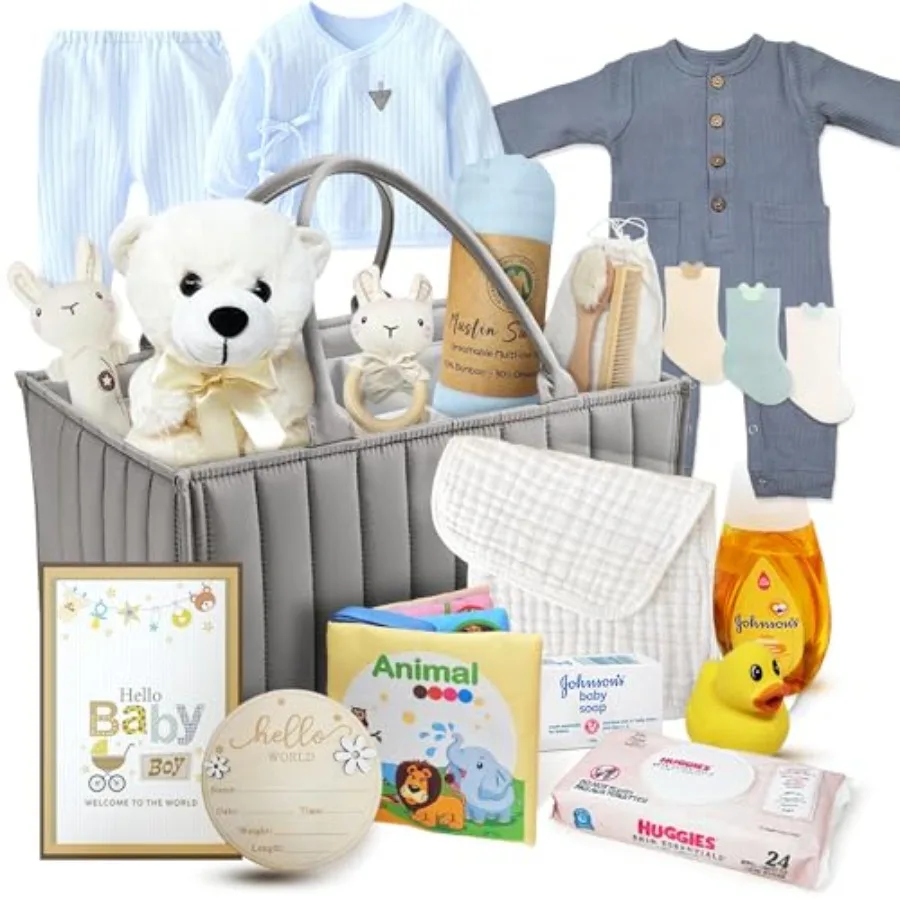 

New Baby Boy Gift Basket Unique Gift Set in a foldable diaper bag for a New MOM Light Blue Gift Set. Welcome Baby Care Package