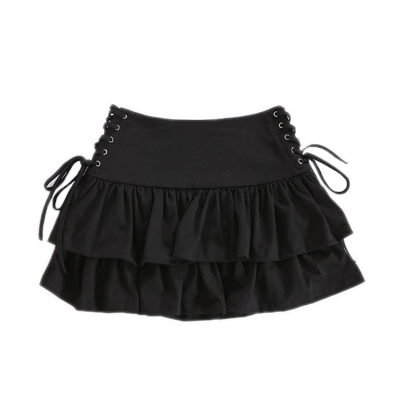 Solid Tennis Y2K Short Black Mini Skirt Preppy Style Lace Up Side Gothic Harajuku Subcultures Ruffle Cute Kawaii Lolita Skirts