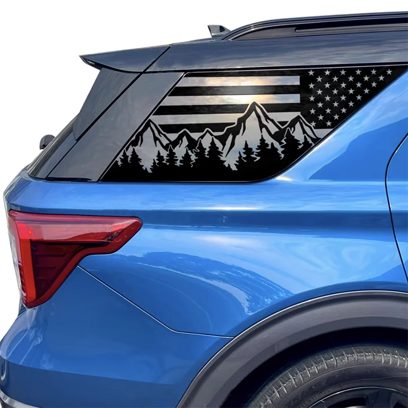 American USA Flag Mountain Tree Window Decal Rear Side Quarter Vinyl Graphics Blackout Stickers For Ford Explorer 2020-2024